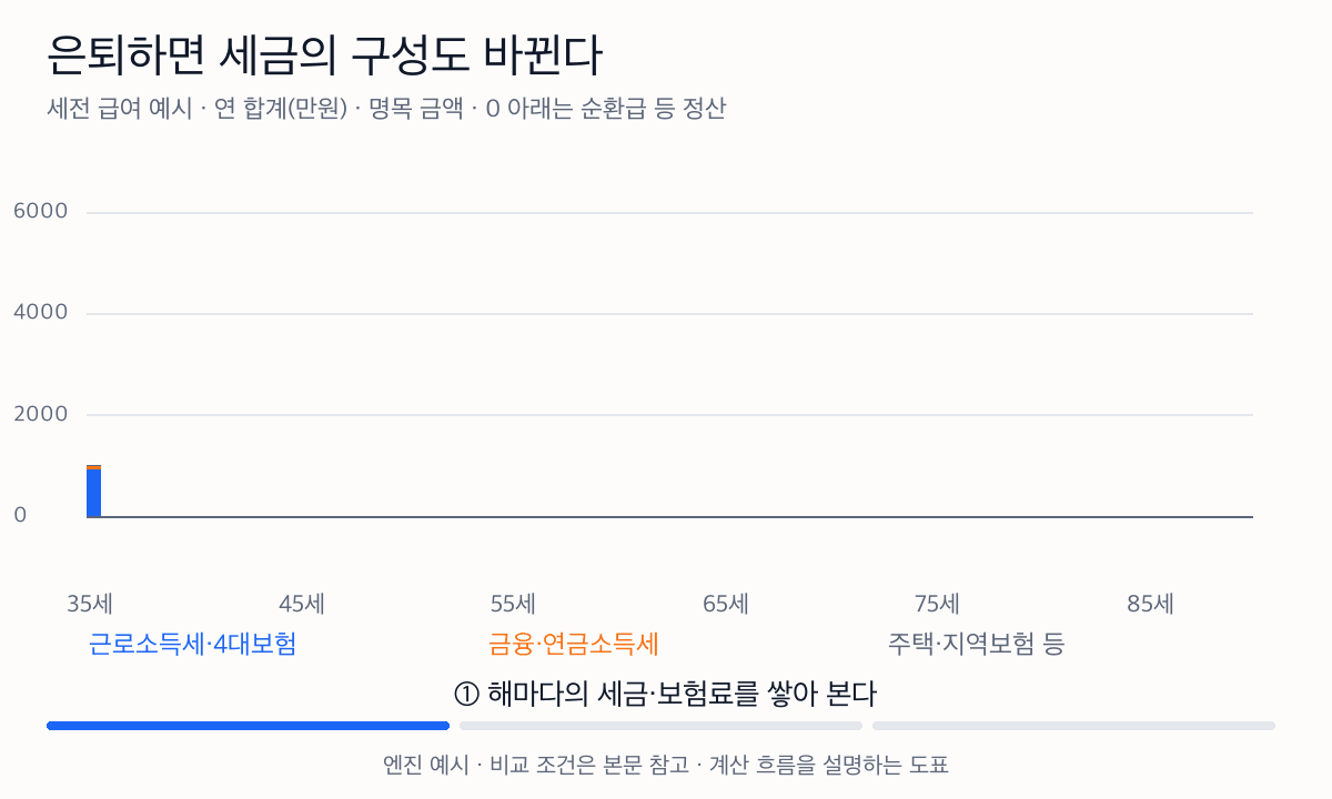 나이별 세금과 보험료를 급여 관련, 금융·연금 관련, 주택·지역건강보험 관련으로 쌓아 보여준다. 65세 은퇴 뒤에도 일부 항목이 남는다.