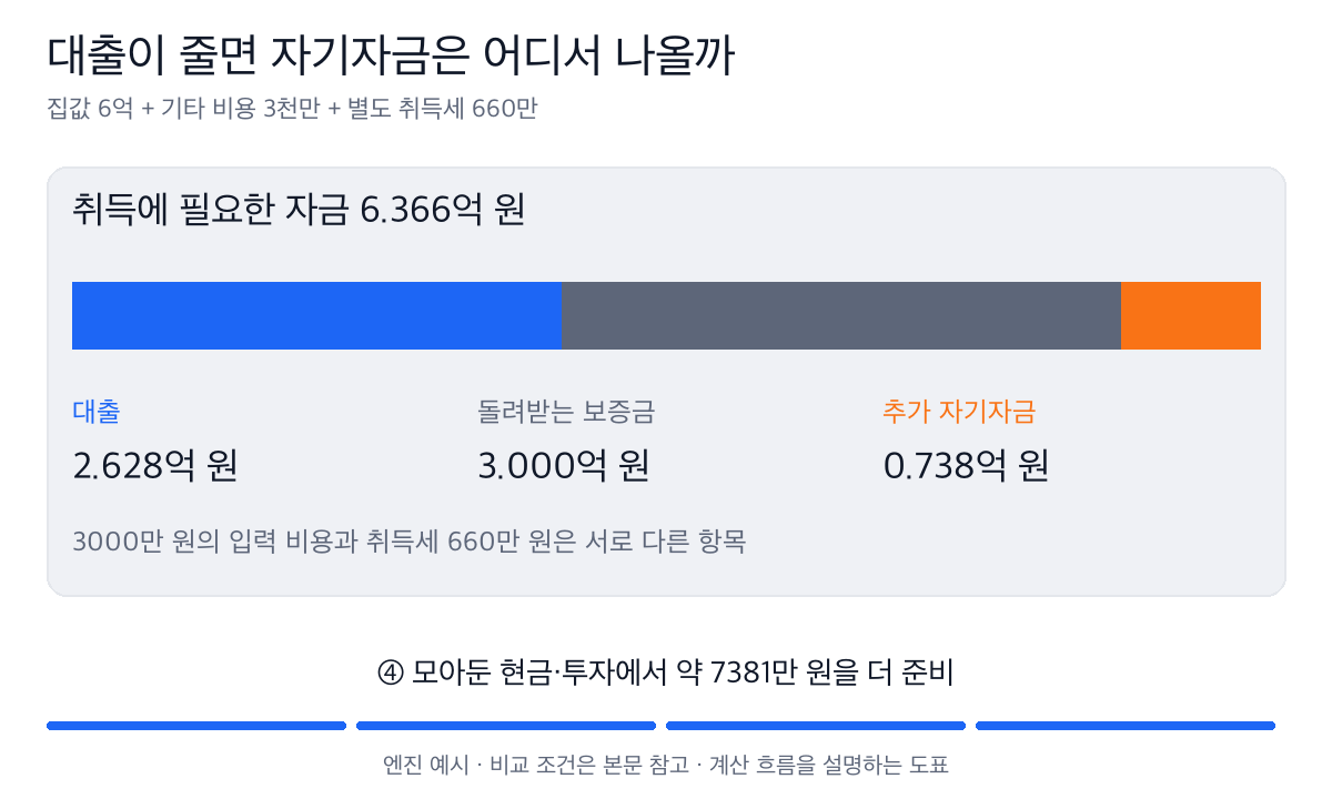 총 취득자금 6.366억 원을 대출 약 2.628억, 보증금 3억, 추가 자기자금 약 0.738억으로 채운다.