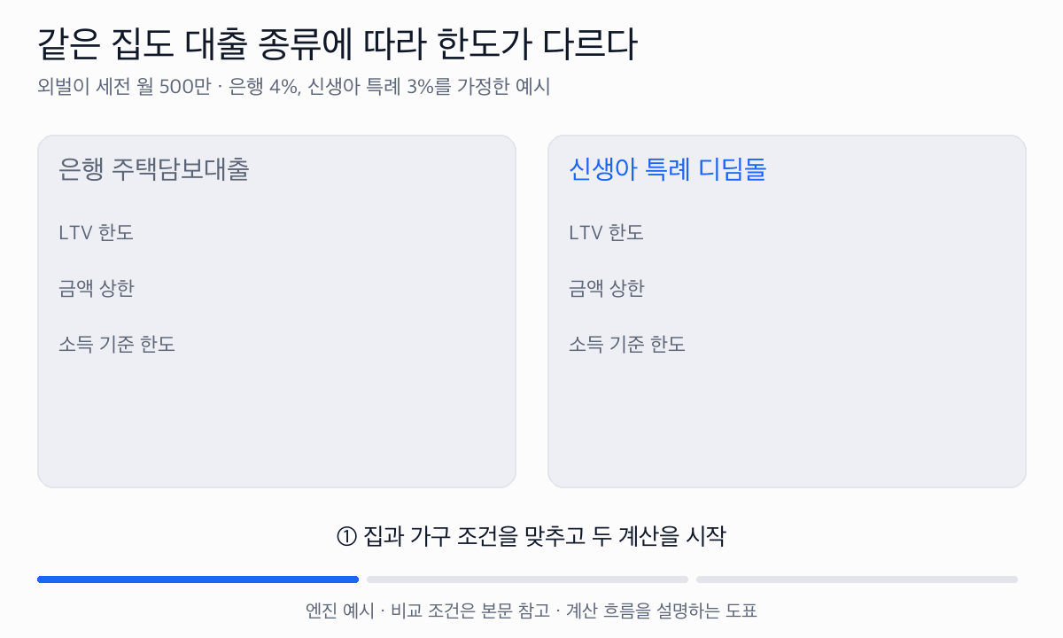 은행 대출은 모형의 DSR 한도 약 3.10억, 신생아 특례는 상품 상한 4억이 각 한도를 결정한다.