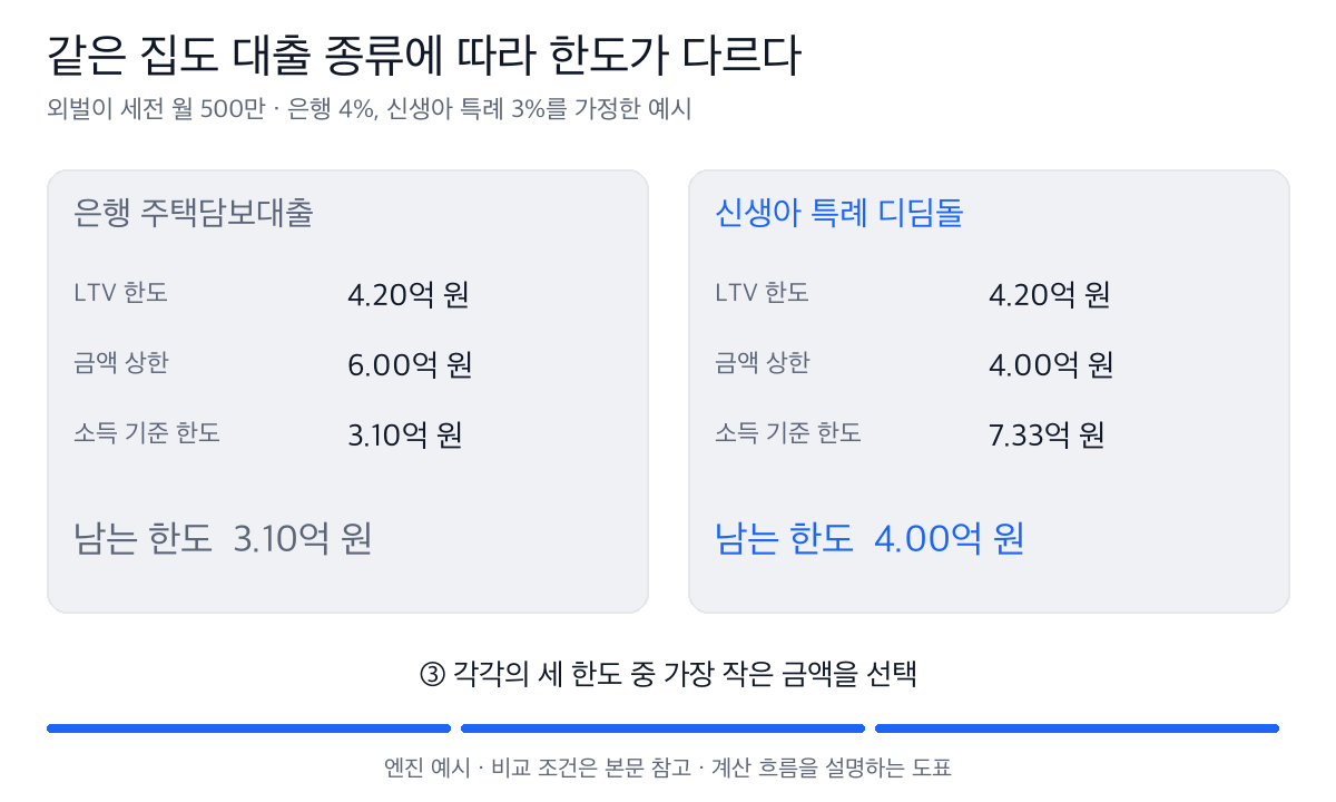 은행 대출은 모형의 DSR 한도 약 3.10억, 신생아 특례는 상품 상한 4억이 각 한도를 결정한다.